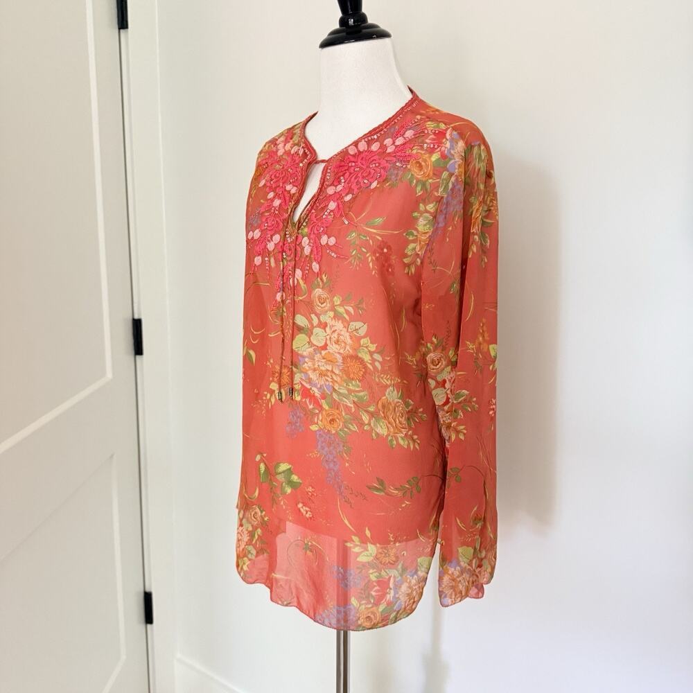 Cabi Coral Floral Lightweight Silk Sequin Embellished Embroidered Blouse Size S - Picture 6 of 15
